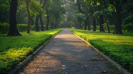 Poster - Empty park walkway lawn in Ramna Dhaka Bangladesh Nature forest Road concrete empty path : Generative AI