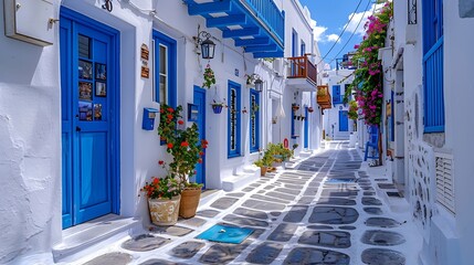 Naklejka na meble Picturesque narrow blue and white cobble street and traditional Greek houses in Mykonos Island Greece : Generative AI