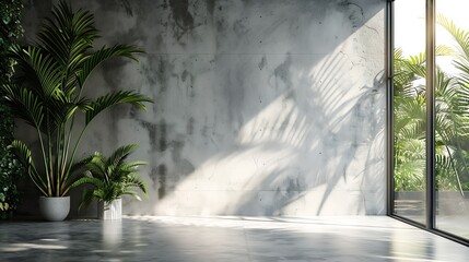 Poster - Blank concrete wall in modern empty room with tropical plant garden Luxury house interior with green palm trees Minimal architecture design : Generative AI