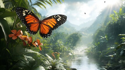 Majestic Rare Butterfly in Flight Over Jungle Flower with River Below, Photo Realistic HD Illustration