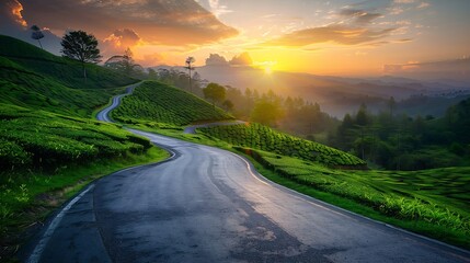 Poster - Country road and green tea plantation natural landscape at sunset : Generative AI
