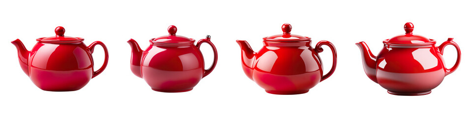 Wall Mural - Collection set of red Teapots isolated on transparent background