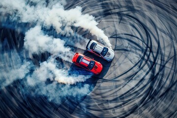 Wall Mural - Aerial view of two cars racing on track