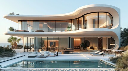 modern house on the beach, white colored roof and blue sky, futuristic design of a modern villa, swimming pool and sunbeds