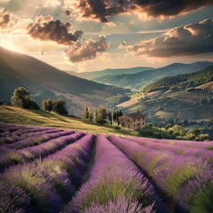 Picturesque farmhouse nestled in a field of lavender at sunset.