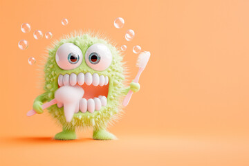 adorable green monster brushing teeth with soap in soid background/banner/design