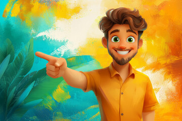 Happy smiling cartoon character man showing pointing finger standing confident on white background. Successful people male person concept