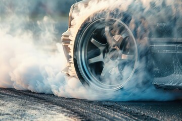 Wall Mural - Car wheel drifting on track spinning and smoking