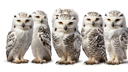 Collection of snowy owls (standing, flying, and portrait), animal bundle separated on white backdrop as transparent PNG