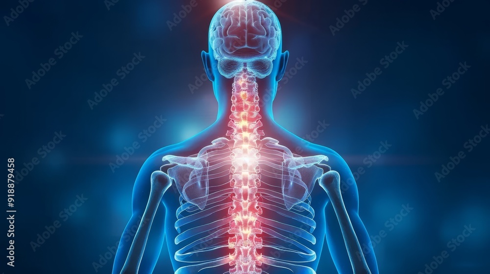Human spinal cord and brain highlighted in medical illustration Stock ...