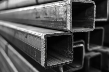 Close up black and white photo of rectangular steel pipes stacked with focus