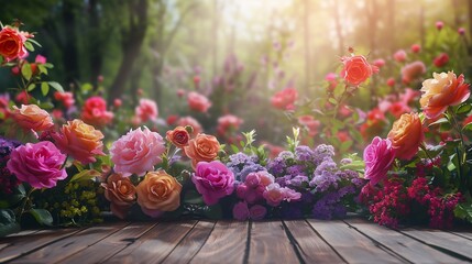 Wall Mural - Colorful Roses on a Wooden Plank in a Garden