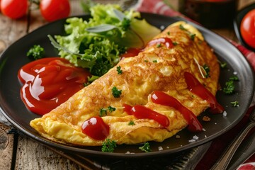 Wall Mural - Close up of omurice omelette with ketchup on a plate