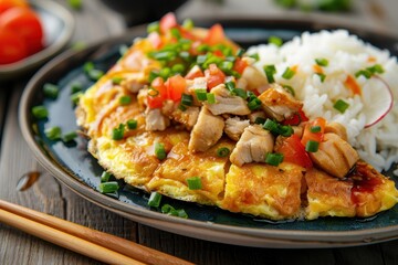 Sticker - Close up photo of Japanese omurice omelette with rice and vegetables on plate