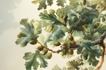 Wall Mural - Detailed Illustration of Oak Tree Branch with Leaves and Acorns on Light Background