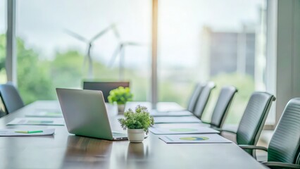 Green Business Strategy: A background highlighting a conference table with ESG documents and laptops, symbolizing strategic planning for sustainability.
