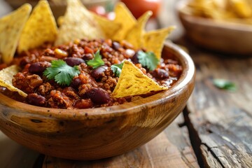 Poster - Homemade chili with tortilla chips in wooden bowl natural light photo Selective Focus on chili