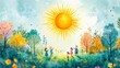© Alpha - A cheerful sun beaming over a lively park filled with children and pastel-colored flora, designed for a child's room, watercolor style