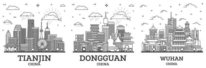 Wall Mural - Outline Dongguan, Wuhan and Tianjin China City Skyline set with Modern Buildings Isolated on White. Cityscape with Landmarks.