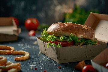 Wall Mural - A juicy burger served with a generous portion of crispy fries in a convenient box