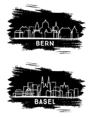 Wall Mural - Basel and Bern Switzerland City Skyline Silhouette set. Hand Drawn Sketch. Business Travel and Tourism Concept with Modern Architecture. Cityscape with Landmarks.