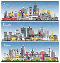 Wall Mural - Odessa, Dnipro and Kiev Ukraine city skyline set with color buildings and blue sky. Cityscape with landmarks.