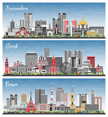 Wall Mural - Perm, Omsk and Krasnodar Russia city skyline set with color buildings and blue sky.