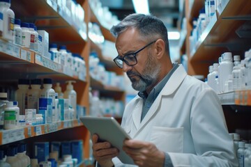 A man in a lab coat looks at a tablet, possibly analyzing data or conducting research