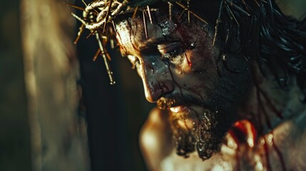 Wall Mural - A person wearing a crown of thorns, often symbolizing suffering or sacrifice