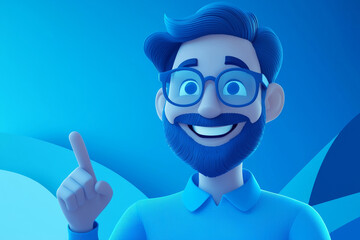 Happy smiling cartoon character man showing pointing finger standing confident on white background. Successful people male person concept