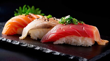 Sushi nigiri with fresh slices of fish on top