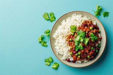 Sticker - Rice and chili on blue background viewed from above