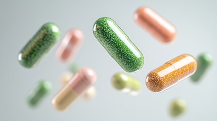 Colorful capsules floating on light background