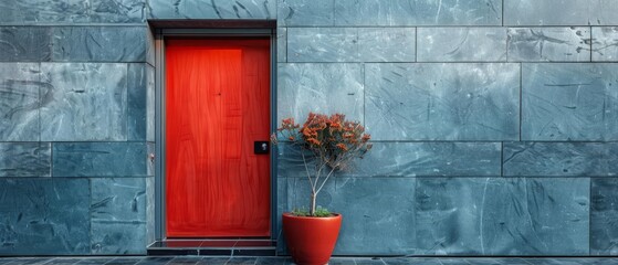 A contemporary red door with a clean, flat design, framed by a modern, grey exterior