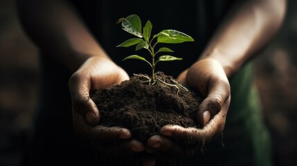 Hands of a person holding a young sapling with soil and roots visible