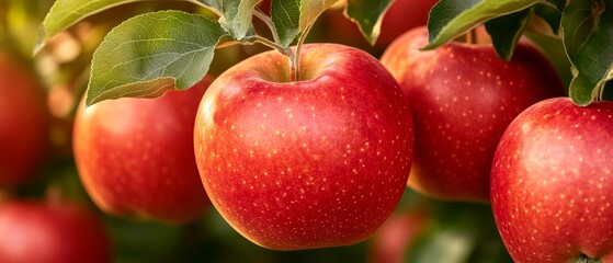 Wall Mural - freshly picked red apples hanging on branch, closeup view of ripe red apples in orchard with green leaves, fruit harvest, healthy organic apples