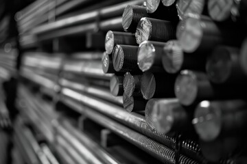 Steel round bars stacked in warehouse for construction monochrome with shallow focus