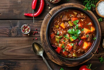 Sticker - Top view of rustic style wooden table with meat vegetables and spices in goulash or chili con carne soup