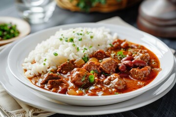 Poster - Traditional Mexican dish with beef stew beans and rice in white bowl