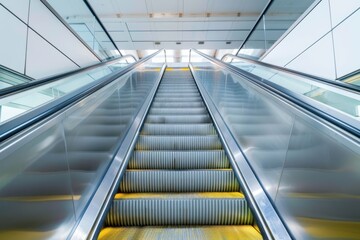 Underground escalator moving upward Close up view from top