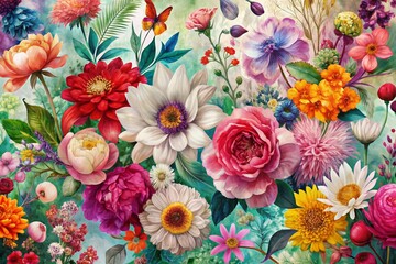 Sticker - Vibrant floral graphic poster collage features a mix of colorful blooms, delicate sketches, and watercolor elements on a stylish fashion-inspired background.