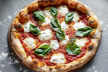 margherita pizza with basil leaves and mozzarella on rustic tabl