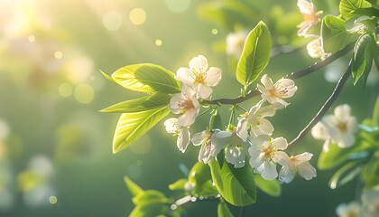 Wall Mural - Close up shot of delicate white blossoms with green leaves on a branch with bokeh in the background.