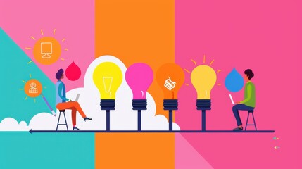 Wall Mural - creative brainstorming session with colorful light bulbs representing ideas and collaboration in a v
