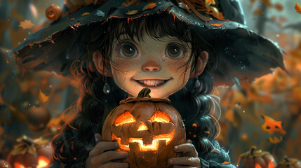 Poster - happy halloween witch with pumpkin