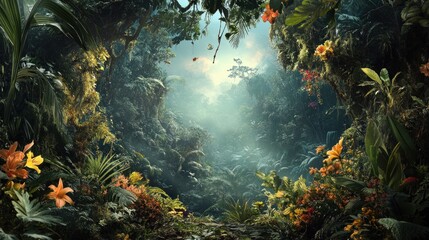 Poster - Lush Tropical Rainforest Scene with Sunlight Filtering Through Canopies