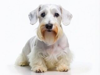 Wall Mural - Adorable Sealyham terrier with distinctive mustache-like facial markings and floppy ears stands proudly against a clean white background, showcasing its charming personality.