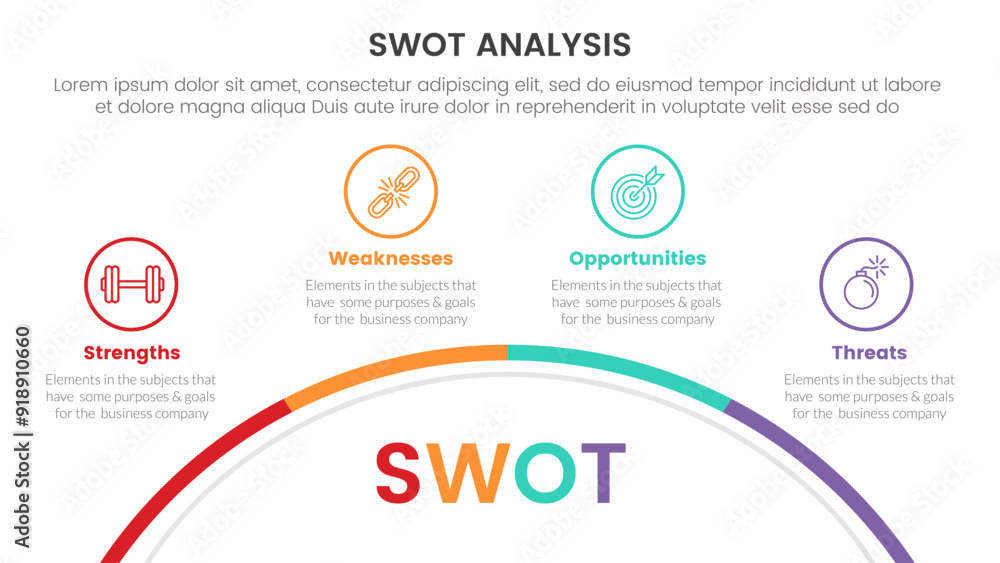 swot analysis concept infographic template banner with half circle ...