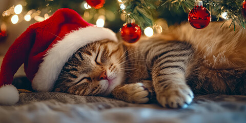 Wall Mural - A cat wearing Christmas hat sleeping under the tree, generative AI