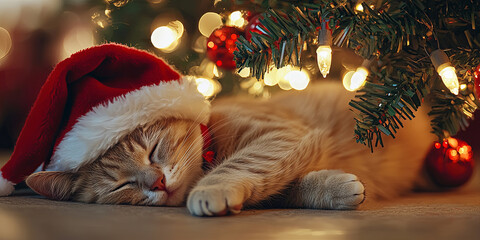 Wall Mural - A cat wearing Christmas hat sleeping under the tree, generative AI